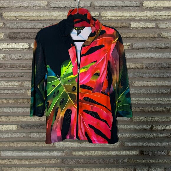 Valentina Colorful Leaf Design Full Zip Mesh Bling Top Jacket Size Medium - Picture 10 of 10
